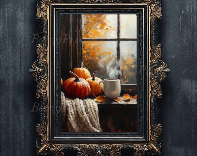 Featured listing image: Cozy Autumn Coffee Print, Pumpkin Still Life Painting, Modern Farmhouse Wall Art, Rustic Kitchen Decor, Fall Window Scene, Printable #1-04