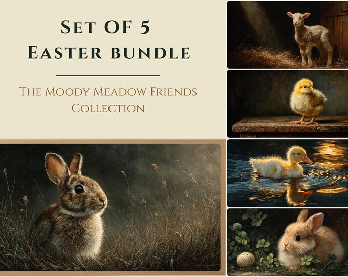 Moody Easter Baby Animals Oil Paintings Set, Spring Nursery Decor (Digital Download)