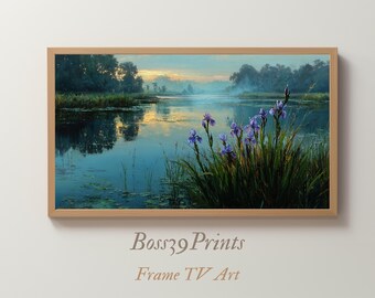 Moody Lake Oil Painting, Iris Flower Landscape, Calm Water Reflection, Spring Frame TV Art, Zen Decor, Digital Download