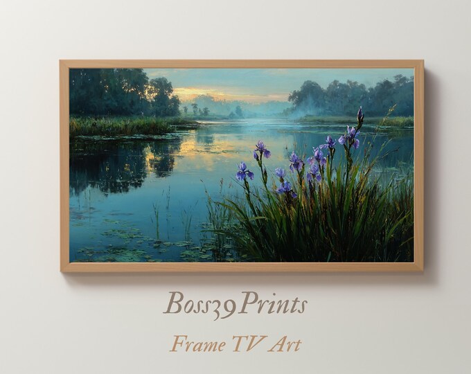 Moody Lake Oil Painting, Iris Flower Landscape, Calm Water Reflection, Spring Frame TV Art, Zen Decor, Digital Download