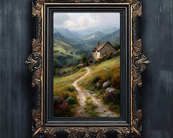 Moody Vintage Farmhouse Wall Art, Antique European Countryside Oil Painting, Nostalgic Cottagecore Decor Print