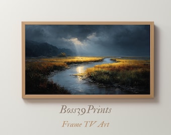 Moody Landscape Painting, Sunlit Stream Print, Vintage River Decor, Rustic Frame TV