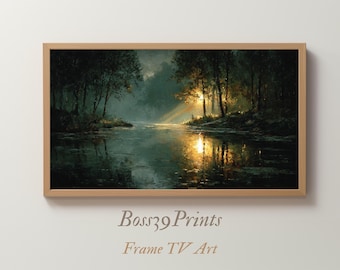 Moody Forest Pond Painting, Vintage Landscape Decor, Sunlit Water Print, Rustic Frame TV