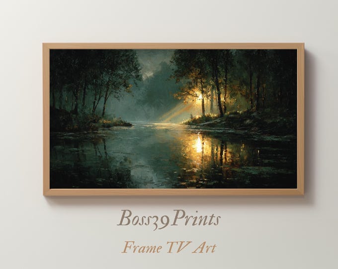 Moody Forest Pond Painting, Vintage Landscape Decor, Sunlit Water Print, Rustic Frame TV