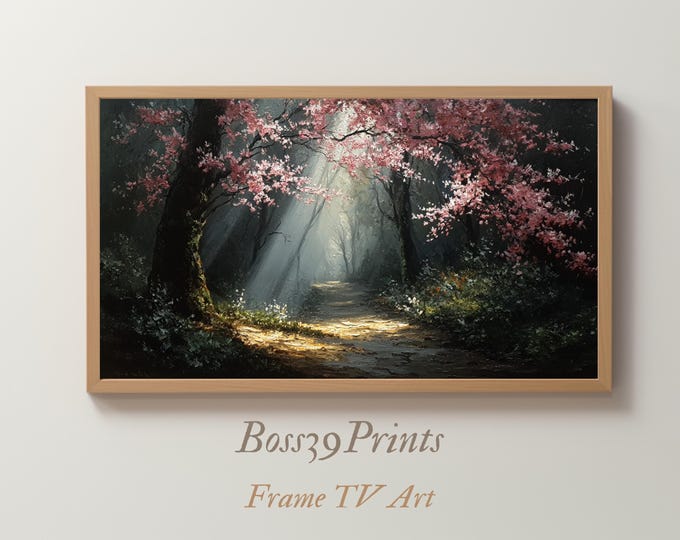 Moody Spring Blossom Print, Cherry Tree Forest Path, Rustic Frame TV Art (Digital Download)