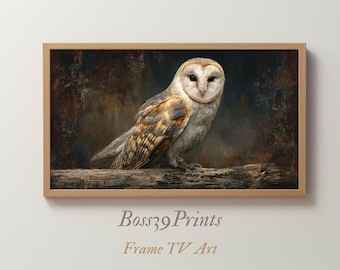 Moody Barn Owl Oil Painting, Vintage Woodland Animal Art (Digital File)