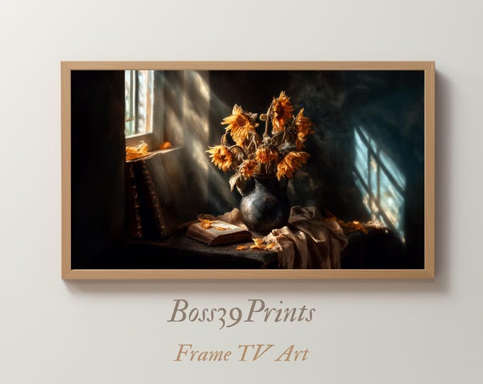 Sunflower Still Life Frame TV Art, Moody Autumn Scene (Digital Download)