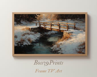 Samsung Frame TV Art | Moody Winter Landscape | Vintage Oil Painting | Rustic Wooden Bridge | Frozen Stream | Golden Hour | Farmhouse Decor