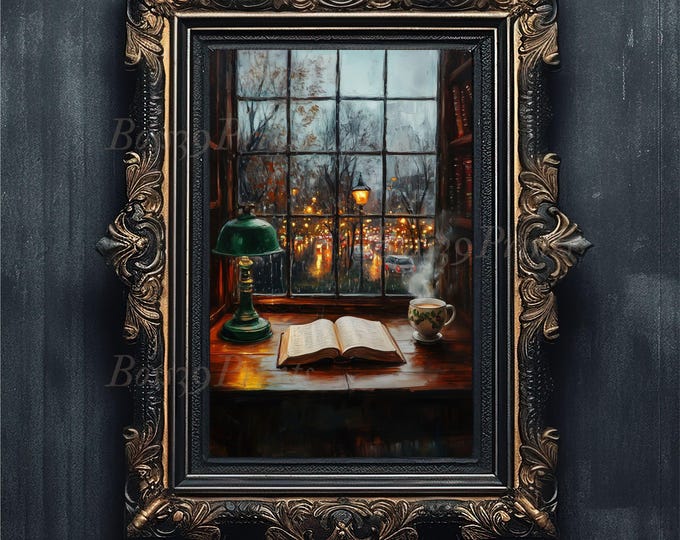 Featured listing image: Cozy Bookstore Wall Art, Moody Rainy Window Oil Painting, Dark Academia Decor, Vintage Cafe Print, Digital Download #1-03