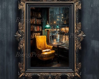 Moody Bookstore Print, Rainy Window, Yellow Chair, Dark Academia Decor (Digital Download)