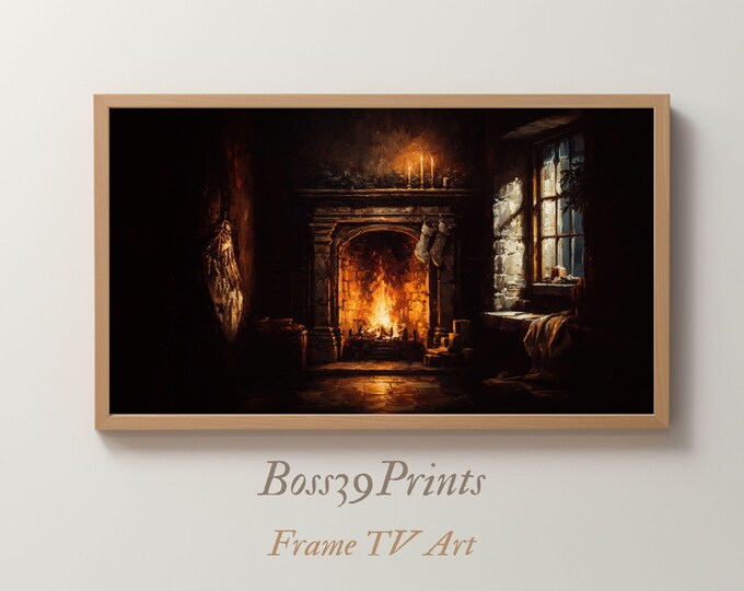 Moody Christmas Fireplace | Cozy Frame TV Art 4K | Vintage Holiday Hearth #5-13