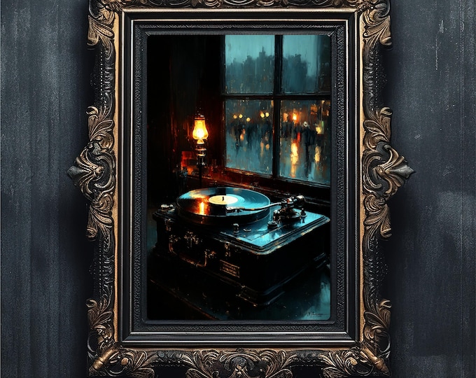 Dark Academia Vinyl Player Print, Moody Turntable Art (Instant Download)