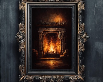 Moody Christmas Fireplace | Cozy Holiday Hearth Art | Vintage Winter Oil Painting #5-021