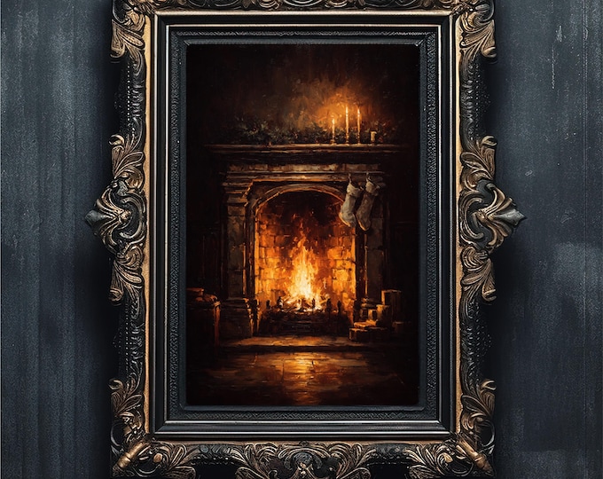 Moody Christmas Fireplace | Cozy Holiday Hearth Art | Vintage Winter Oil Painting #5-021