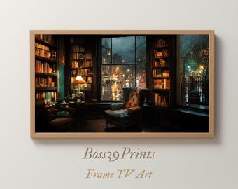 Cozy Library Rainy Window Frame TV Art (Digital Download)