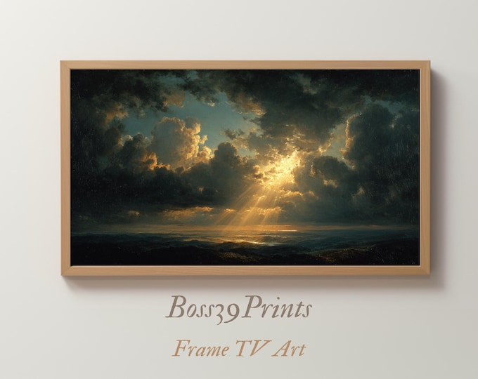 Moody Cloudscape Frame TV Art, Dramatic God Rays Oil Painting, Vintage Sky Landscape Decor