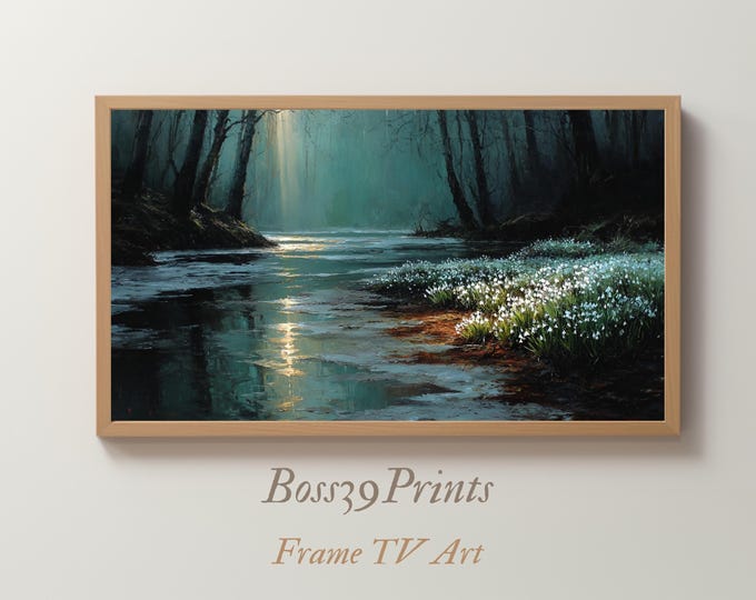 Moody Spring River Print, Winding Stream Landscape, Vintage Sunbeam Forest, Rustic Frame TV Decor