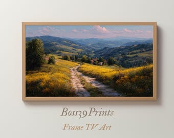 Moody Spring Flower Path, Sunlit Meadow Landscape, Vintage Rural Hills, Rustic Frame TV