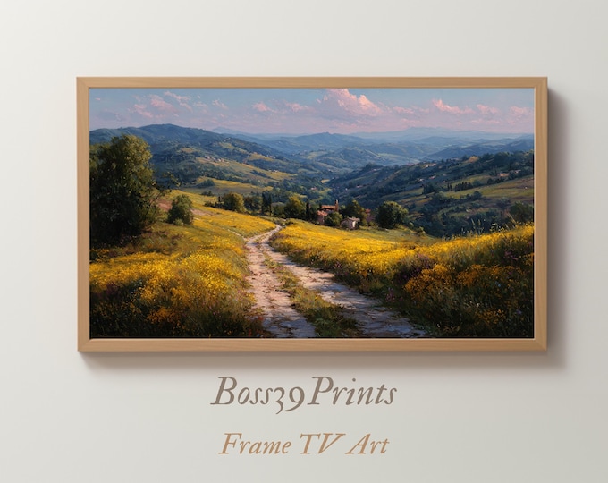 Moody Spring Flower Path, Sunlit Meadow Landscape, Vintage Rural Hills, Rustic Frame TV