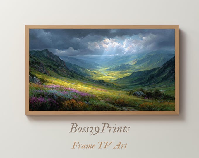 Moody Spring Path Print, Wildflower Mountain Landscape, Vintage Sunbeam Valley, Rustic Frame TV Decor
