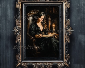 Witch Reading in Library Art, Dark Academia Oil Painting (Digital Download)