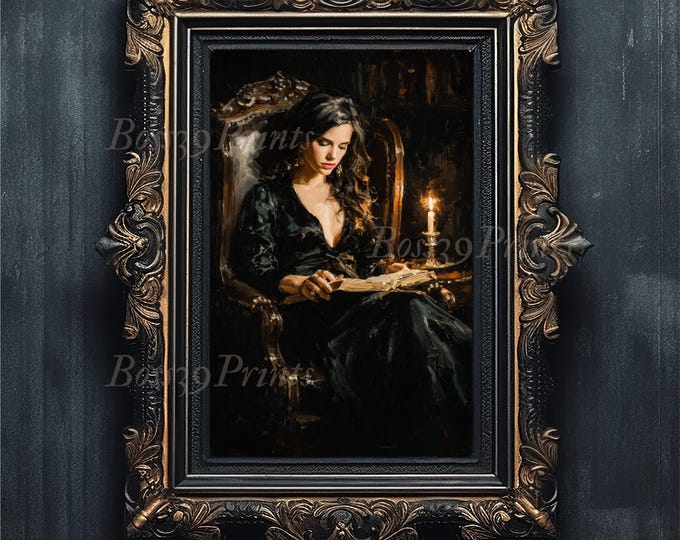 Witch Reading in Library Art, Dark Academia Oil Painting (Digital Download)