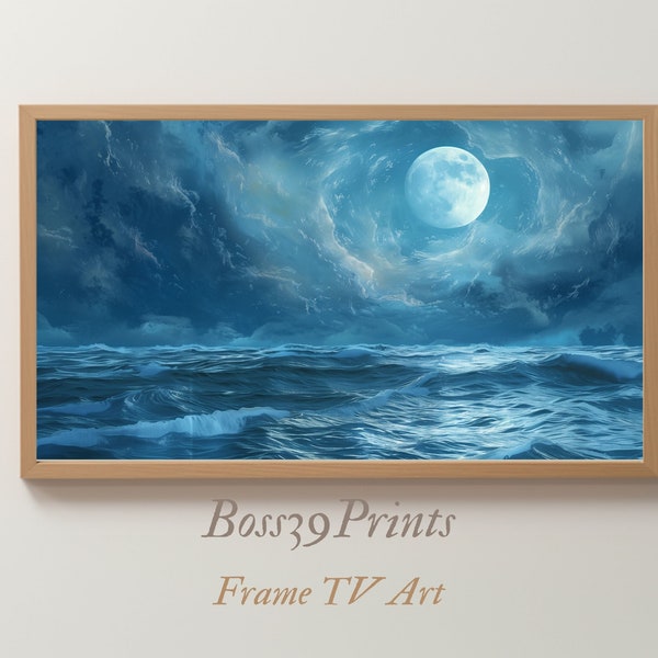 Abstract Ocean Waves, Moonlit Sky, Dreamlike Painting in Cool Blues - Silver Highlights, Frame TV Art, Digital Download #7-27