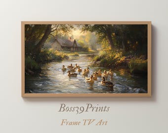 Vintage River Landscape with Ducks Art | Rustic Cottagecore Frame TV Art & Nostalgic Countryside Print