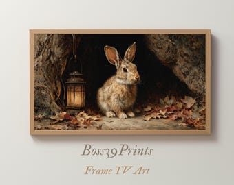 Vintage Hare Oil Painting | Whimsical Rabbit with Lantern | Moody Cottagecore Decor | Storybook Nursery Art