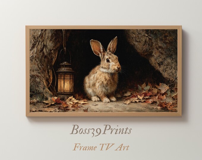 Vintage Hare Oil Painting | Whimsical Rabbit with Lantern | Moody Cottagecore Decor | Storybook Nursery Art