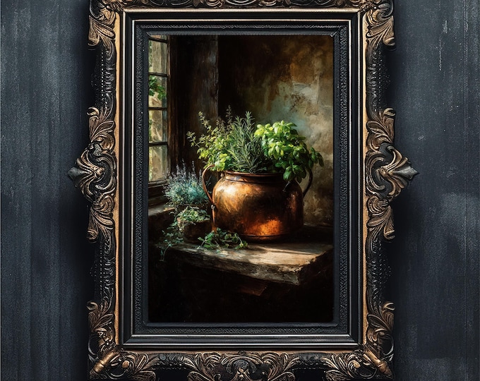 Moody Kitchen Wall Art | Vintage Copper Still Life Oil Painting, Farmhouse Decor