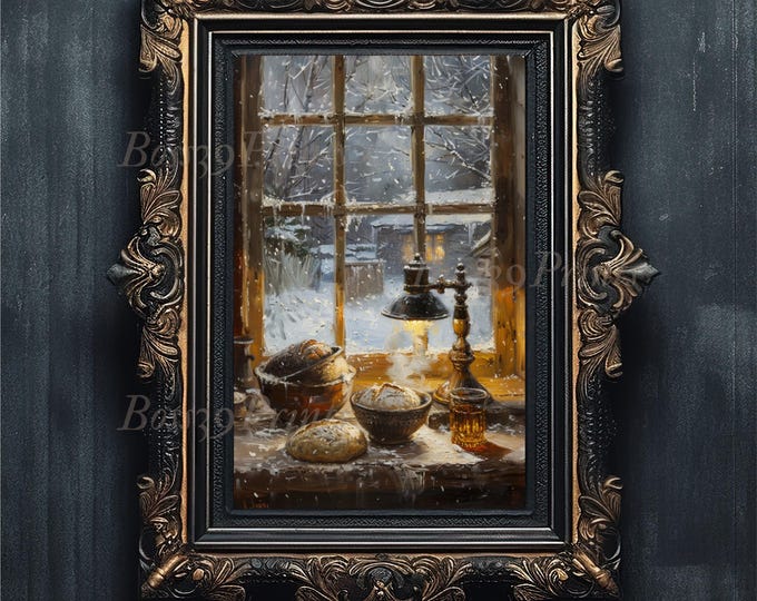 Winter Kitchen Still Life Print, Cottagecore Snowy Window (Digital Download)
