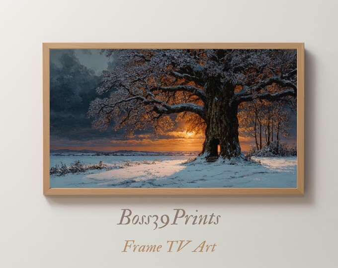 Samsung Frame TV Art | Moody Winter Oak Tree | Vintage Oil Painting | Glowing Hollow Shelter | Warm Sunset Landscape | Whimsical & Safe