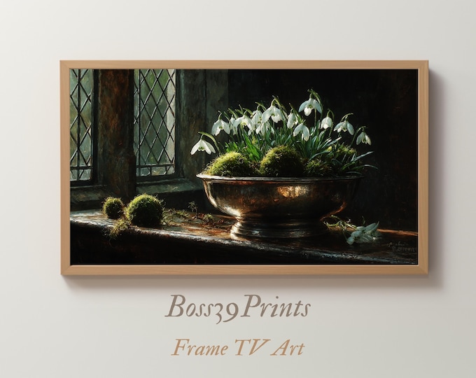 Moody Snowdrops Still Life | Vintage Silver Vase Frame TV Art