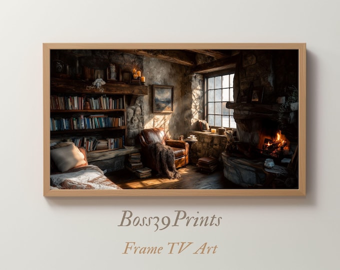 Cozy Fireplace Reading Nook Frame TV Art (Digital Download)