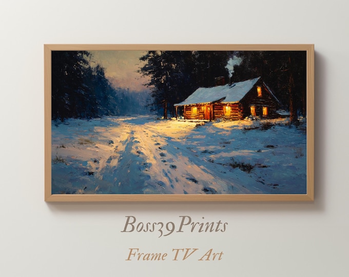 Winter Cabin Vintage Oil Painting, Samsung Frame TV Art (Digital Download)
