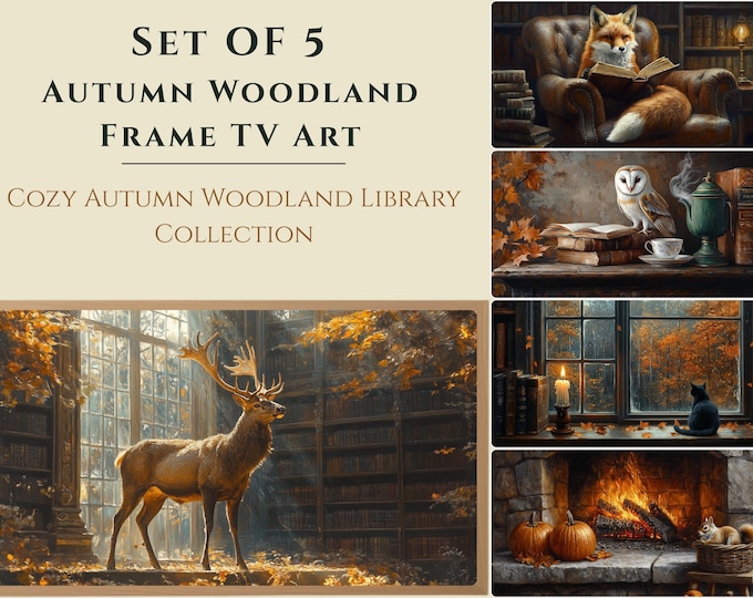 Autumn Woodland Samsung Frame TV Art Set of 5 | Cozy Dark Academia Library Wallpaper
