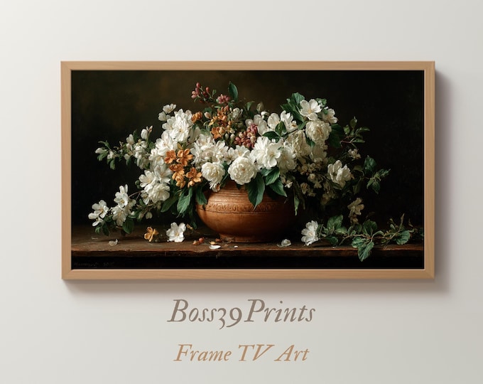 Moody White Blossoms Oil Painting Frame TV Art, Terracotta Vase, Vintage Spring Still Life