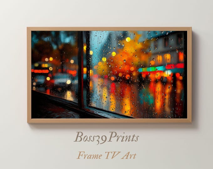 Rainy Window Frame TV Art, Moody Autumn City Bokeh (Digital Download)