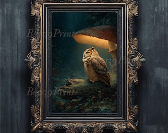 Owl and Mushroom Oil Painting Print, Dark Academia Whimsigoth Decor (Digital Download)