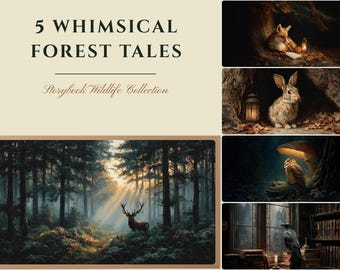 5 Frame TV Art Bundle | Whimsical Forest Animals | Storybook Wildlife Set | Vintage Oil Painting | Fox Stag Owl Raven Hare | Dark Academia