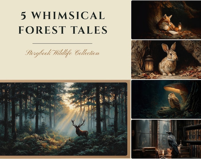 5 Frame TV Art Bundle | Whimsical Forest Animals | Storybook Wildlife Set | Vintage Oil Painting | Fox Stag Owl Raven Hare | Dark Academia