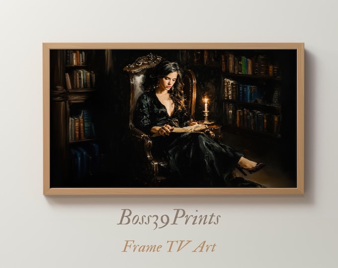 Witch in Library Frame TV Art, Dark Academia Gothic Screensaver (4K Digital Download)