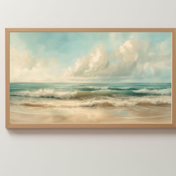 Coastal seascape, Calm Ocean Under Soft Cloudy Sky, Ocean Beach Frame TV Art, Vintage Style, Oil Painting, Digital Download #7-1