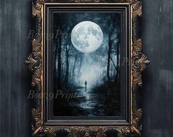 Full Moon Forest Path Art Print, Moody Gothic Decor (Digital Download)