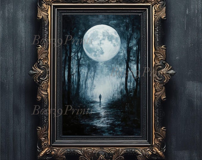 Full Moon Forest Path Art Print, Moody Gothic Decor (Digital Download)