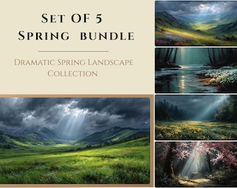 Moody Spring Landscape Bundle, Set of 5 Vintage Nature Prints, Rustic Frame TV Deco