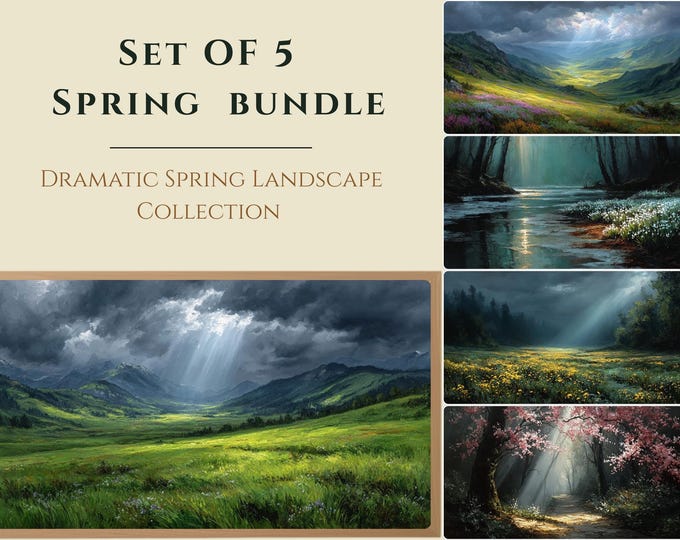 Moody Spring Landscape Bundle, Set of 5 Vintage Nature Prints, Rustic Frame TV Deco