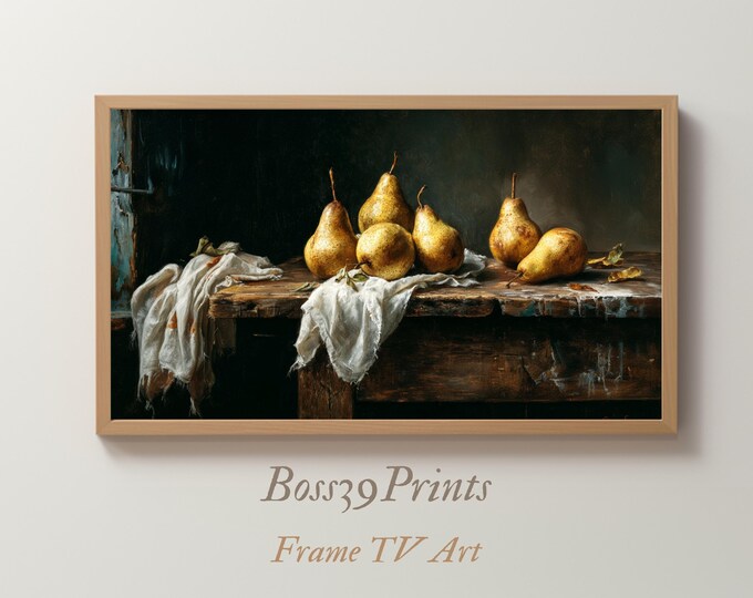 Samsung Frame TV Art | Vintage Pear Painting | Moody Kitchen Decor | Rustic Fruit Still Life