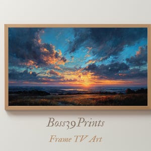 May include: A framed landscape painting depicts a vibrant sunset over a field and distant hills. The sky is a mix of blue, orange, and yellow hues, with dramatic cloud formations. The artwork is labeled "Boss39 Prints Frame TV Art."